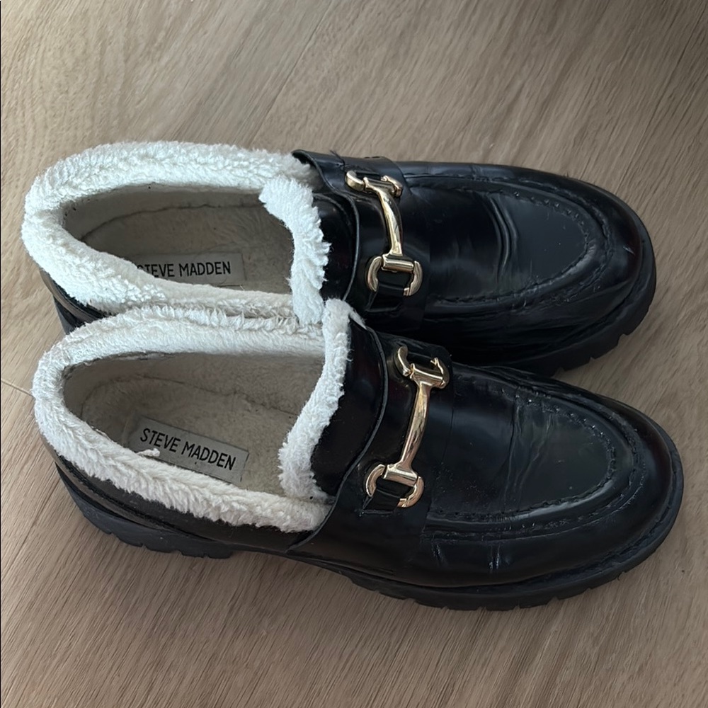Steve Madden Black Loafers with Gold Buckle